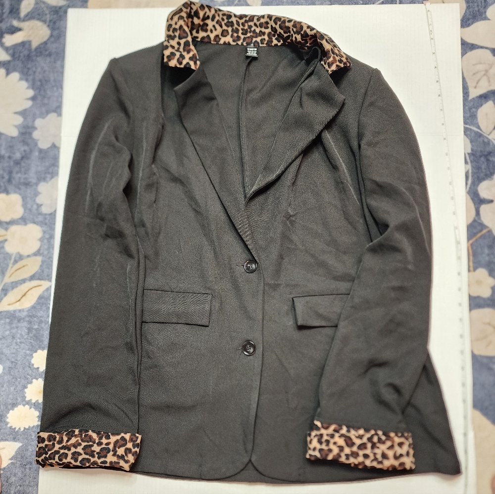SHEIN Black Blazer with Leopard Trim